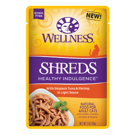 Wellness Healthy Indulgence Shreds with Skipjack Tuna & Shrimp in Light Sauce Grain-Free Wet Cat Food Pouches