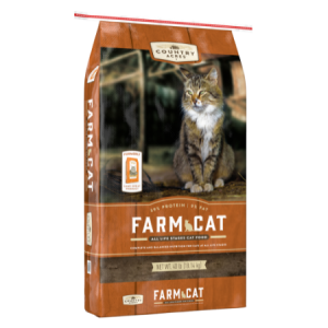 Purina Country Acres Farm Cat. Dry cat food in 40-lb bag. Brown paper feed bag. Adult cat.