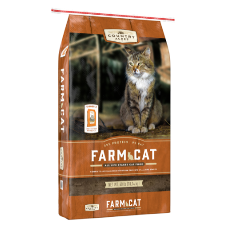 Purina Country Acres Farm Cat. Dry cat food in 40-lb bag. Brown paper feed bag. Adult cat.