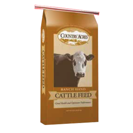 Purina Country Acres Ranch Hand 14 Cattle Feed. Brown feed bag with cow.