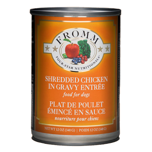 Orange 12-oz can of dog food. Fromm Shredded Chicken in Gravy Entree Canned Dog Food