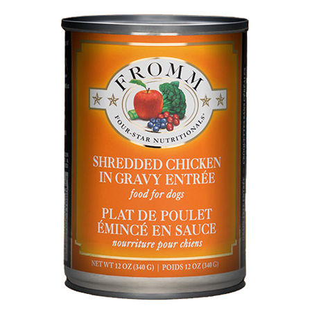 Orange 12-oz can of dog food. Fromm Shredded Chicken in Gravy Entree Canned Dog Food