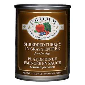 Fromm Shredded Turkey in Gravy Entrée. Dog food. Brown 12-oz can.