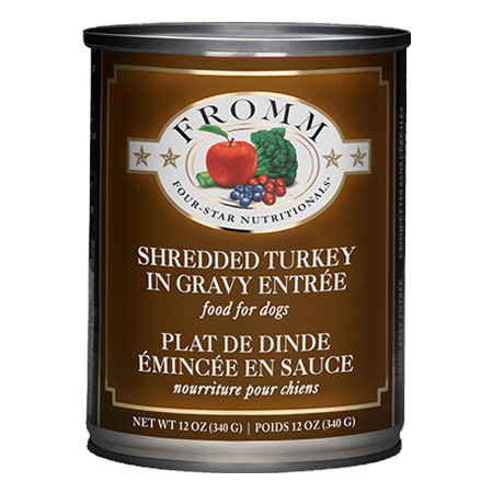 Fromm Shredded Turkey in Gravy Entrée. Dog food. Brown 12-oz can.