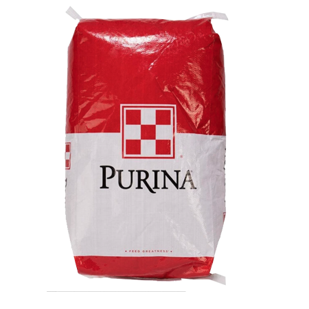 Purina Sheep & Goat Range Checker. Generic red and white livestock feed bag.