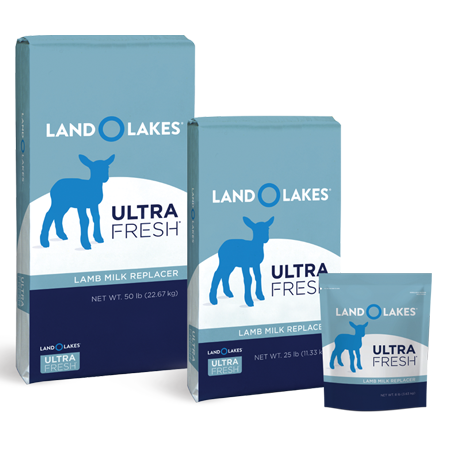 Land O’ Lakes Ultra Fresh Optimum Lamb Milk Replacer. Large, medium and small blue livestock bags.