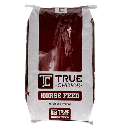 Purina True Choice Equine 12 Pellet. White and red feed bag. Features a horse.