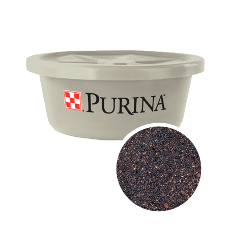 Purina EquiTub with ClariFly. Grey plastic tub with lid.