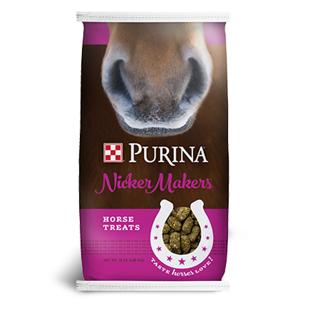 Purina Nicker Makers Horse Treats. Purple and brown feed bag with horse nose. 