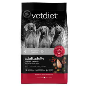 Vetdiet Adult Large Breed Dry Dog Food. Red and black feed bag.