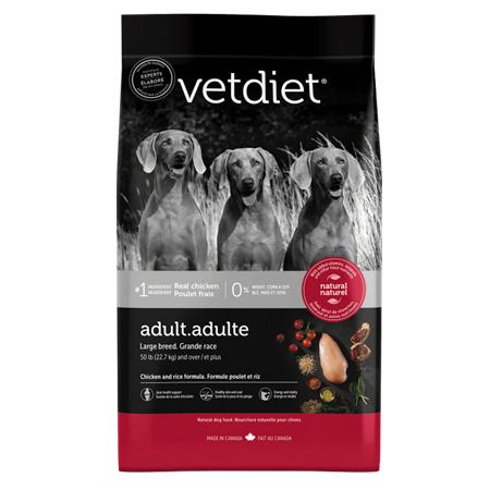 Vetdiet Adult Large Breed Dry Dog Food. Red and black feed bag.