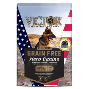 Victor Grain Free Hero Dog food. Dry dog food bag with patriotic V. German Shepherd.