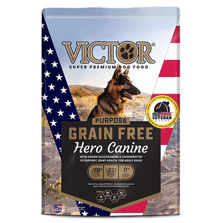 Victor Grain Free Hero Dog food. Dry dog food bag with patriotic V. German Shepherd.