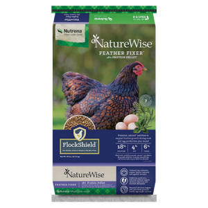 NatureWise Feather Fixer 18% Poultry Feed. Poultry feed bag, 40-lb. Dark red hen.