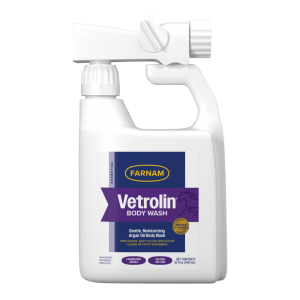 Farnam Vetrolin Body Wash. White spray bottle with blue label.