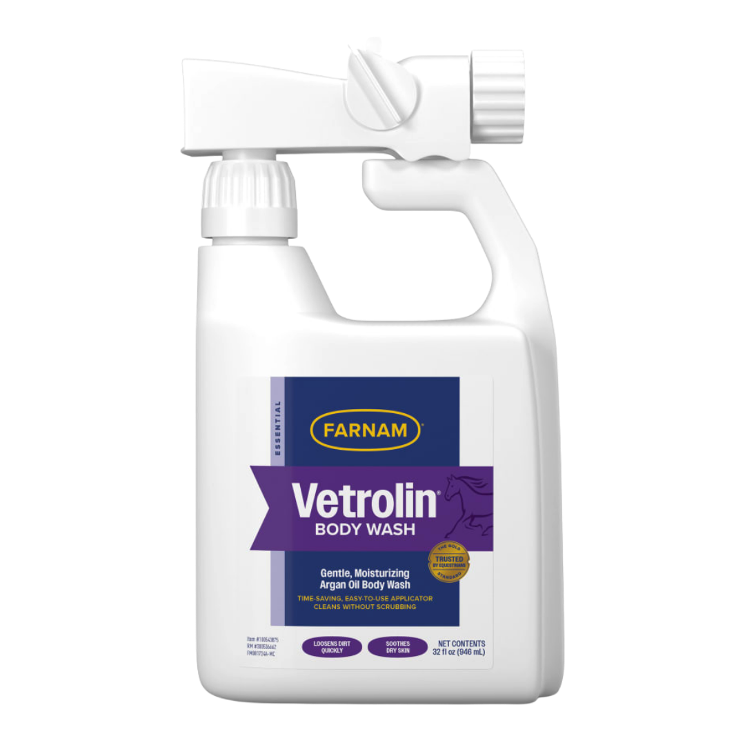 Farnam Vetrolin Body Wash. White spray bottle with blue label.