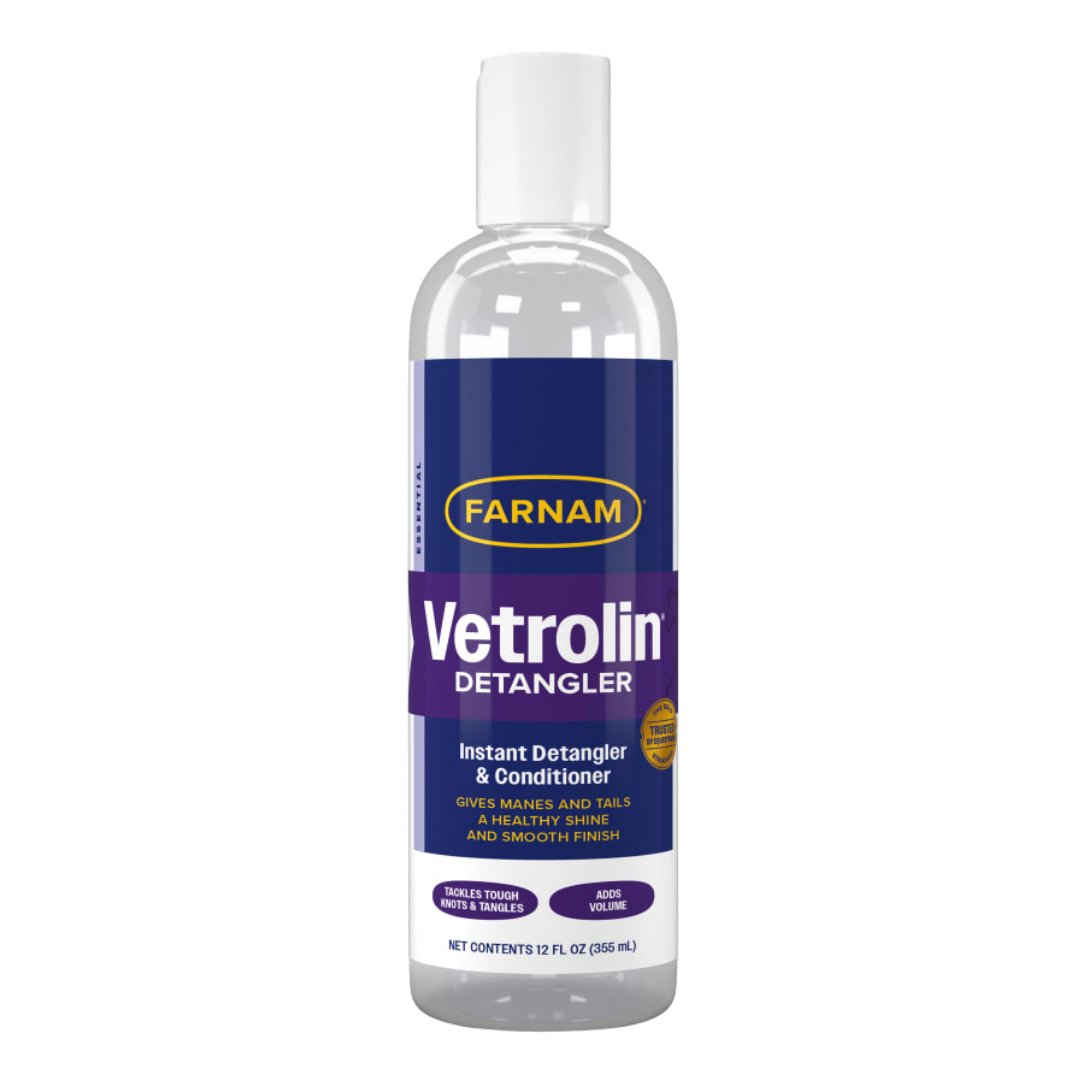 Farnam Vetrolin Detangler And Conditioner For Mane And Tail. Clear bottle with blue label.