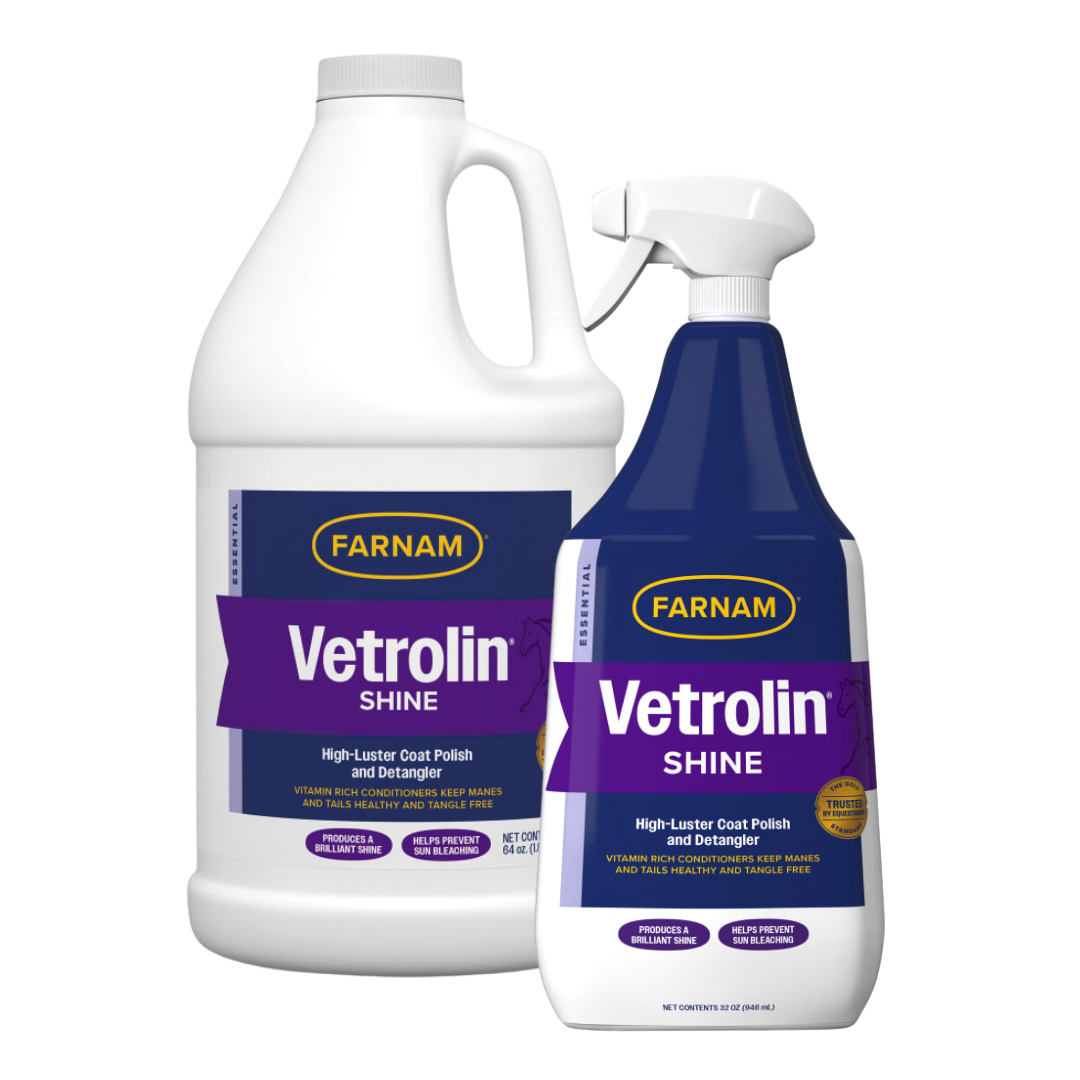 Farnam Vetrolin Shine Coat Polish and Conditioner. White bottle with dark blue label.