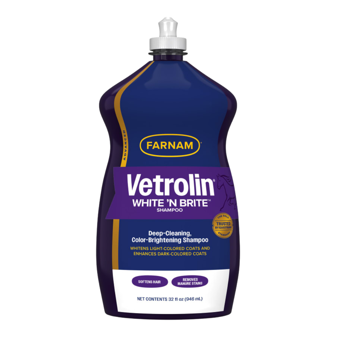Farnam Vetrolin White 'N Brite Shampoo. Black bottle with dark blue label.