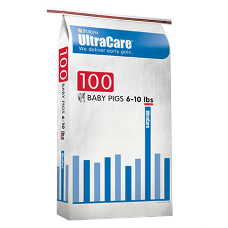Purina UltraCare 100. White a blue feed bag. For baby pigs.