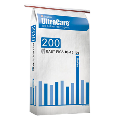 Purina UltraCare 200. White and blue feed bag. For baby swine.