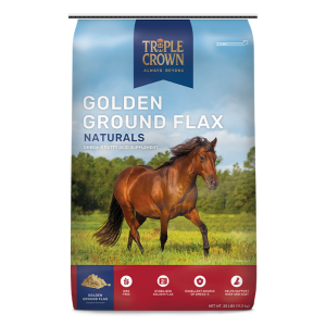 Triple Crown Golden Ground Flax. Horse feed bag 25-lb. Brown horse in field.