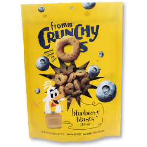 Yellow dog treat bag. Fromm Crunchy O's Blueberry Blasts Dog Treats