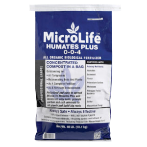 MicroLife Humates Plus 0-0-4 in blue bag.