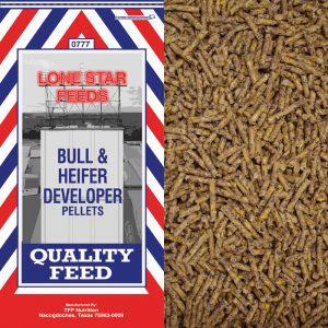Feed for cattle. Bull and Heifer developer. Pelleted cattle feed. Red, white and blue feed bag.