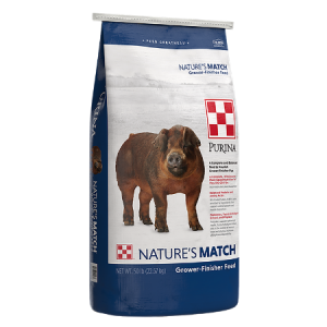 Purina Nature's Match Blue and white 50-lb feed bag. Brown swine. Grower-Finisher Pig Feed