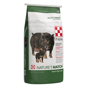 Green and white 50-lb feed bag. Purina Nature's Match Sow and Pig Feed.