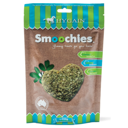 Hygain Smoochies Horse Treats in a green and teal 8.8 oz bag.
