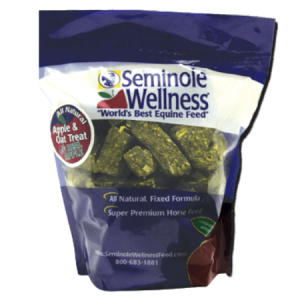 Seminole Wellness Apple & Oat Horse Treats. Blue and white bag with red apple.