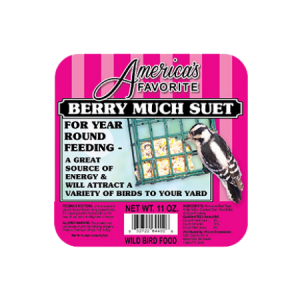 America's Favorite Berry Much Suet. Hot pink bird food label.