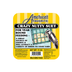 America's Favorite Crazy Nutty Suet. Yellow bird food label.