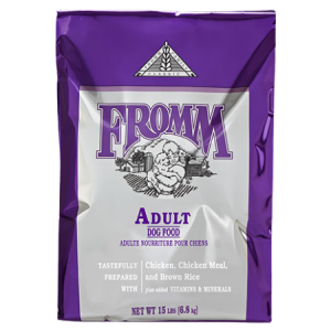 Fromm Adult Classic Dry Dog Food. Purple pet food bag.
