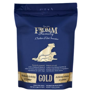 Fromm Reduced Activity & Senior Gold Dry Dog Food. Blue and gold dog food pouch.