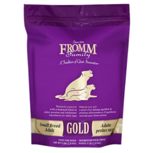Fromm Small Breed Adult Gold. Dry dog food in purple and gold pouch.