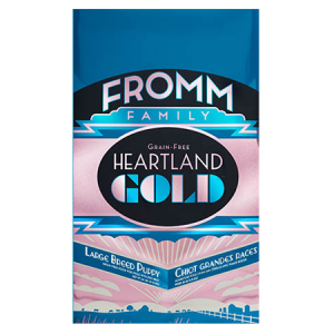 Fromm Heartland Gold Large Breed Puppy Food. Dry puppy food in blue and pink pet food bag.