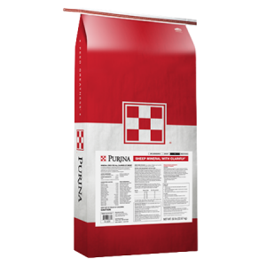 Purina Sheep Mineral with ClariFly. Red and white Purina feed bag.