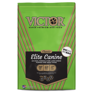 Victor Classic Elite Canine. Green and gold dry dog food bag.