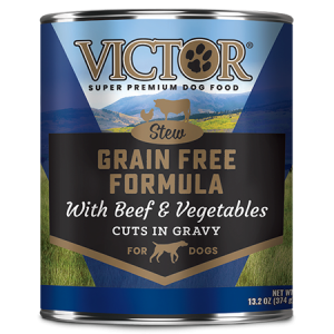 Victor Grain Free Formula with Beef and Vegetables Cuts in Gravy. Wet dog food in blue and black 13.2 oz can.