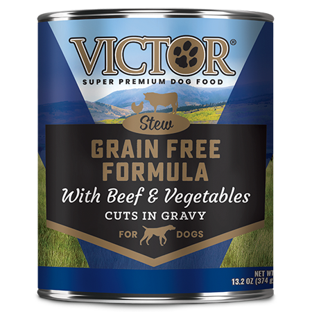 Victor Grain Free Formula with Beef and Vegetables Cuts in Gravy. Wet dog food in blue and black 13.2 oz can.