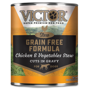 Victor Grain Free Formula Chicken and Vegetables Cuts in Gravy. Wet dog food in 13.2 oz can.