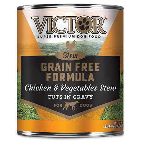 Victor Grain Free Formula Chicken and Vegetables Cuts in Gravy. Wet dog food in 13.2 oz can.