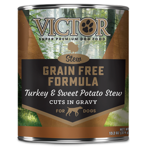 Victor Grain Free Formula Turkey and Sweet Potato Cuts in Gravy. Wet dog food in brown and black 13.2 oz can.