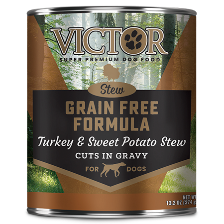 Victor Grain Free Formula Turkey and Sweet Potato Cuts in Gravy. Wet dog food in brown and black 13.2 oz can.