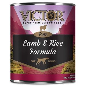 Victor Lamb and Rice Formula Pâté. Wet dog food in purple and black 13.2 oz can.