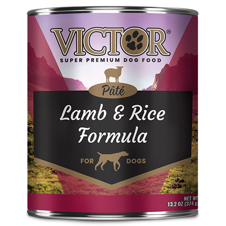 Victor Lamb and Rice Formula Pâté. Wet dog food in purple and black 13.2 oz can.