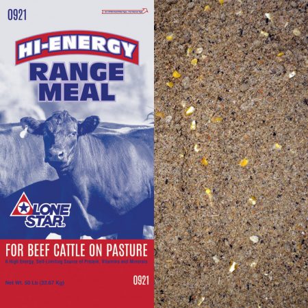 Red and blue feed bag. Brown cow. Cattle feed.